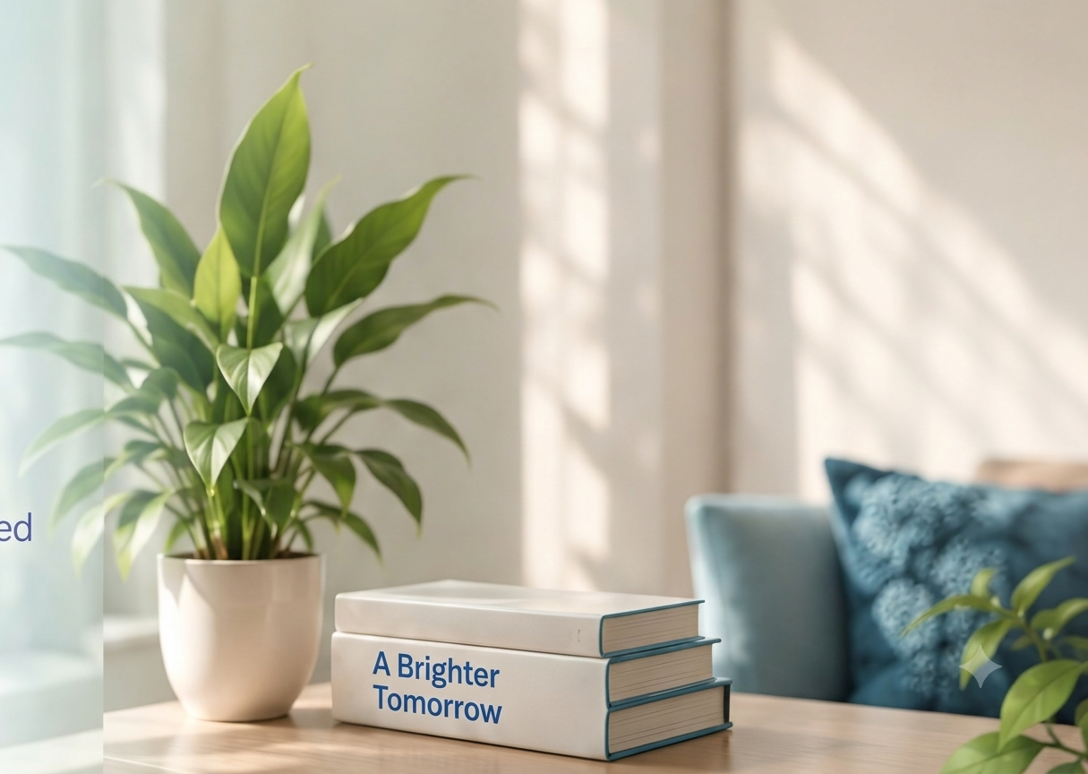 A calm therapy room with a wooden table, books and natural light
