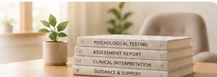 A stack of assessment report books on a wooden table beside a small plant